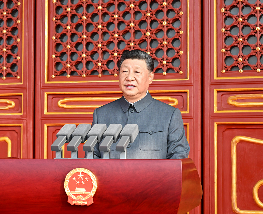 9月3日，纪念中国人民抗日战争暨世界反法西斯战争胜利80周年大会在北京天安门广场隆重举行。中共中央总书记、国家主席、中央军委主席习近平发表重要讲话。新华社记者 谢环驰 摄